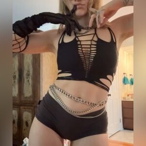 Slit Weave Cut Out Black Plush Dance Festival Halter Open Back Deep V Top